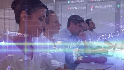 Poster - Animation of financial data processing over business people working in office