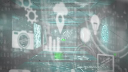Poster - Animation of diverse technology icons in blue space