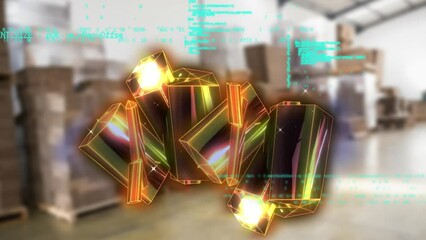 Poster - Animation of glowing green blocks with clouds and digital icons