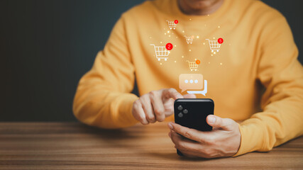 Poster - Adult man using a smartphone order in online store, shopping on internet, technology concept of mobile phone app.