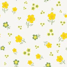 Buttercup Vector Seamless Pattern Background. Hand-drawn Yellow Green White Floral Repeat Backdrop. Perennial Herbaceous Garden Flower Scattered Design. Symbol For Growth, Love, Health, Youthfulness