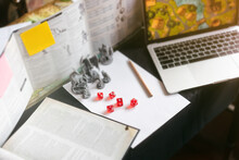 Behind Of Dungeon Master Screen With Dice And Miniatures For Role Playing Tabletop And Board Games Hobby