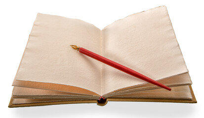 Fototapete - Vintage red pen with gold nib on antique leather hardcover notebook