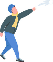 Poster - Man throwing snowball semi flat color raster character. Playful figure. Full body person on white. Winter activity isolated modern cartoon style illustration for graphic design and animation