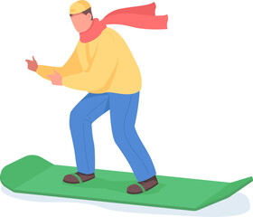 Poster - Man on snowboard semi flat color raster character. Athletic figure. Full body person on white. Winter activity isolated modern cartoon style illustration for graphic design and animation