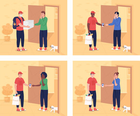 Poster - Morning delivery to door flat color raster illustration set. Giving coffee to sleepy customer. Courier welcomed by customer 2D cartoon characters with interior on background bundle