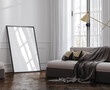Leinwandbild Motiv Black frame mockup in classic white interior with modern furniture, 3d render