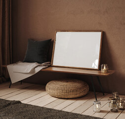 Mock up frame in rustic interior background, 3d render