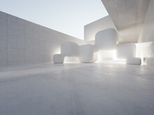 Empty White Concrete Floor In Minimal Architecture. 3d Rendering Of Abstract Gray Building With Smooth Cube Sculpture Background.