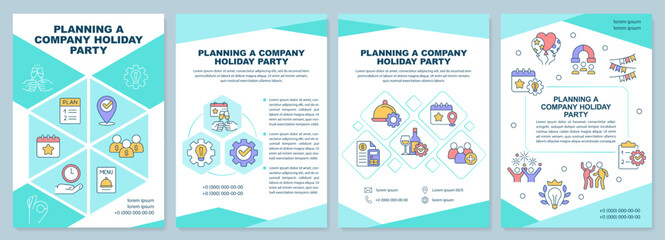 Planning company holiday party mint brochure template. Leaflet design with linear icons. Editable 4 vector layouts for presentation, annual reports. Arial-Black, Myriad Pro-Regular fonts used