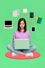 Sticker - Vertical collage picture of serious girl use wireless netbook multitask work isolated on green painted background