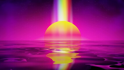 Wall Mural - retro landscape background sunset 3d landscape with rainbow light. futuristic landscape 1980s style.