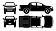 Pickup truck silhouette on white background. Vehicle icons set view from side, front, back, and top