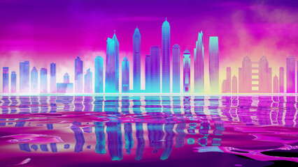 Wall Mural - synthwave pink retro city with the night sky. digital city retro future illustration arcade backgrou