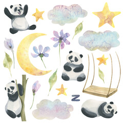 Wall Mural - A set with cute cartoon pandas, swings, moon, stars, clouds and delicate, abstract, purple flowers. Children's, watercolor illustration, isolated objects on a white background. For decoration, design.