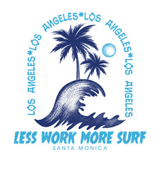 Sticker - Vector surfing badge with the beach view illustration. For t-shirt prints and other uses.
