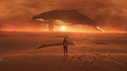 young female traveller watches whale flying above the desert. mystical, fantasy, dream scene, a spir