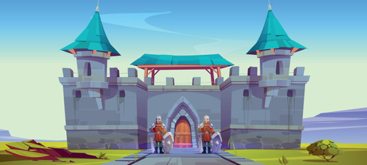 Medieval guard stand at castle gates, fairytale knights defend ancient fortress with turrets and stone walls. Fantasy magic or historical antique architecture, game scene Cartoon vector illustration