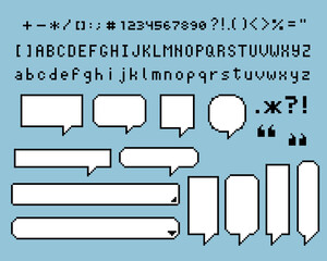 Fototapete - collection set of retro game 8 bit pixel speech bubble balloon with alphabet, text box banner, black