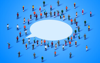 Wall Mural - Large group of people standing around chat bubble symbol.