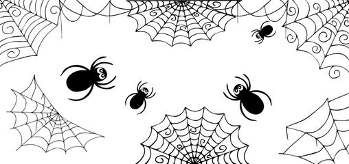 Background of web and spider, outline handmade. Halloween. For decor, postcards, invitations, stylized decor.