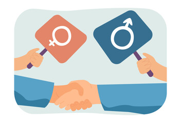 Poster - Handshake of people holding male and female gender symbols. Man and woman shaking hands flat vector illustration. Equality, partnership, fairness concept for banner, website design or landing web page