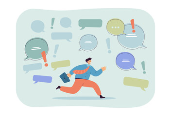 Poster - Employee running among speech bubbles and exclamation marks. Deadline for busy man with briefcase flat vector illustration. Communication, office concept for banner, website design or landing web page