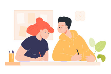 Aufkleber - Student peeking into test paper of schoolmate. Cartoon pupils at desk in classroom, boy breaking school rules during exam flat vector illustration. Education, cheating, bad behavior concept for banner