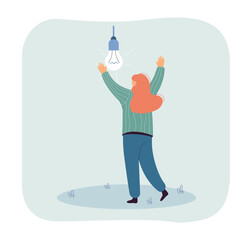 Canvas Print - genius creative idea of happy woman with light bulb. tiny person brainstorming to find answer flat v