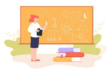 Poster - Female physics teacher holding chalk next to blackboard. Engineer writing calculations on chalkboard flat vector illustration. Education, science concept for banner, website design or landing web page