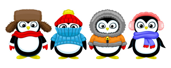 Wall Mural - Set of cute penguins in winter clothes isolated on white background.