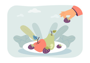 Wall Mural - Hand putting sweet berry in plate with fresh organic fruit. Healthy food diet for person flat vector illustration. Nutrition, vegetarian dessert concept for banner, website design or landing web page