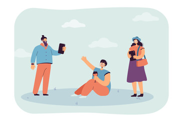 Poster - Group of friends gathering together for party. Tiny woman holding glass of wine, man with phone flat vector illustration. Friendship, alcohol concept for banner, website design or landing web page