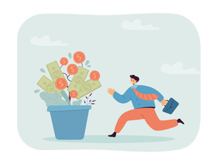 Poster - Happy employee running to pot with growing money plant. Increase of financial profit for tiny man flat vector illustration. Wealth, abundance concept for banner, website design or landing web page