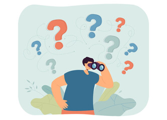 Wall Mural - Search for answers to questions from man with binoculars. Curious person exploring future goals flat vector illustration. Solution, curiosity concept for banner, website design or landing web page