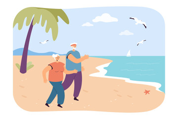 Wall Mural - Grandfather and grandmother jogging on sea beach. Cardio workout of old active man and woman flat vector illustration. Sport, prevention concept for banner, website design or landing web page