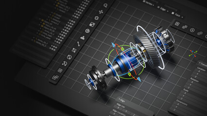 Fototapete - Engineering designer design 3D CAD software program Industrial engine model mechanical dimensional digital manufacturing factory engineer computer screen. 3d rendering.