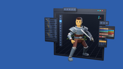 Fototapete - Game design development create characters animate pose 3d graphics artwork.Video game designer developer Creative software. 3d rendering.