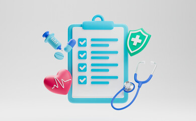 Wall Mural - Healthcare medical doctor stethoscope heartbeat clipboard health checkup insurance report service icons.3d rendering..