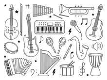 Hand Drawn Set Of Music Doodle. Musical Instruments In Sketch Style. Vector Illustration Isolated On White Background