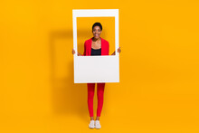 Photo Of Crazy Short Butch Hair Lady Guy Hold Paper Shot Frame Wear Red Trendy Jacket Isolated Bright Color Background