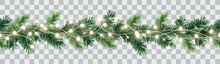 Vector Seamless Decorative Christmas Garland With Coniferous Branches And Glowing Light Chain On Transparent Background