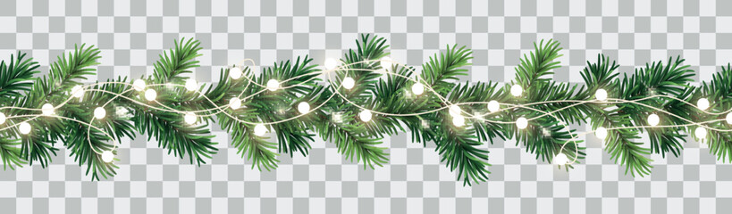 vector seamless decorative christmas garland with coniferous branches and glowing light chain on tra