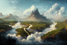 A Magnificent New Land With Cloud River Forest And Mountain Illustration