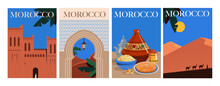 Set Of Morocco Guide Posters. Banners With Tourist Attractions Of Country, National Cuisine And Architecture, Desert Dunes With Camels. Cartoon Flat Vector Collection Isolated On White Background