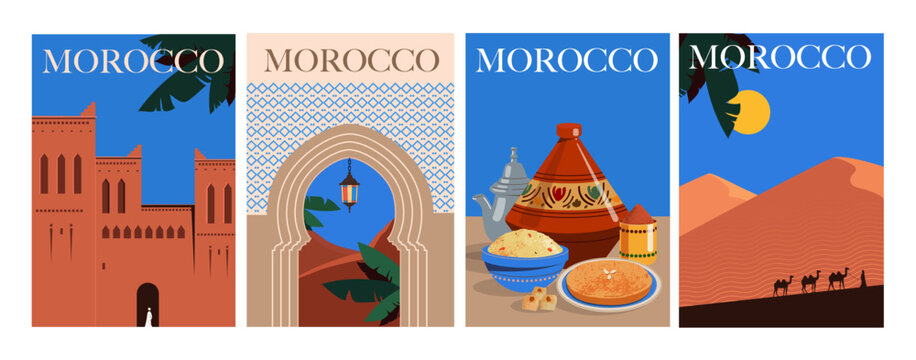 set of morocco guide posters. banners with tourist attractions of country, national cuisine and arch
