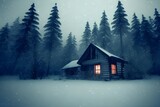 Fototapeta Dziecięca - A warm cabin alone in the winter woods. 