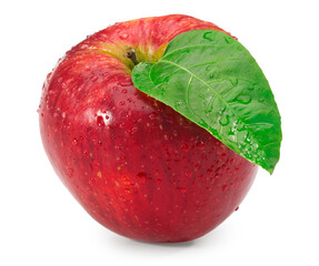 red apple with green leaf isolated on white background. clipping path.