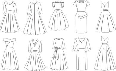 Wall Mural - set of dresses sketch ,contour on white background isolated vector