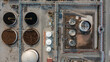 Aerial top view wastewater treatment plant from oil refinery industry zone, Purification tanks of wastewater treatment plant, Top view Industrial sewage treatment plant.